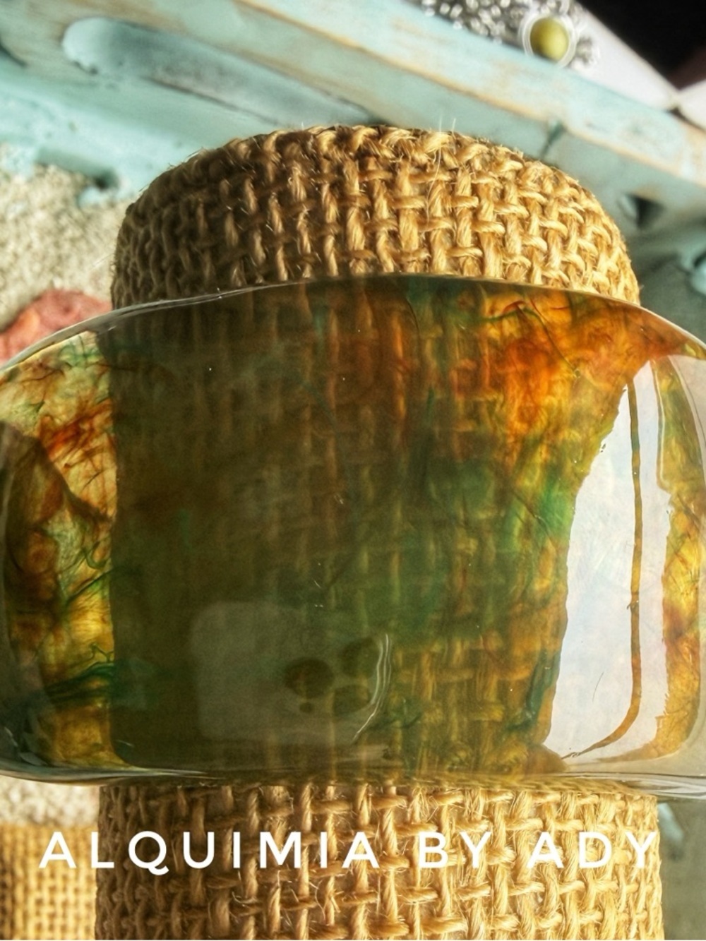Alquimia Resin Bangle in Green and Amber Tones
